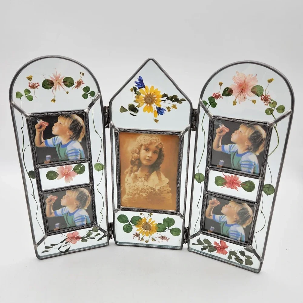 VTG Glass Pressed Flowers Picture Frame Tri-Fold Multi Photo 2x2 